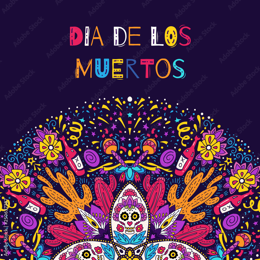 Dia de los Muertos, Day of the Dead vector illustration. Round design for card, banner or flyer with sugar skull and floral elements.