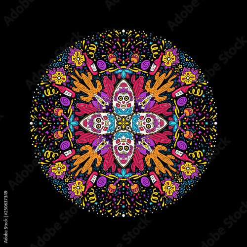 Dia de los Muertos, Day of the Dead vector illustration. Round design for card, banner or flyer with sugar skull and floral elements.