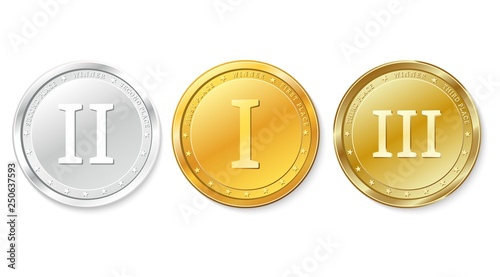 Set of gold, silver and bronze medals. Awards for first, second and third place.