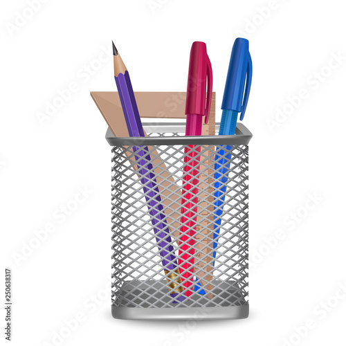 Realistic simple pencil, ruler, red and blue pens, office and stationery in the basket on white background, vector illustration