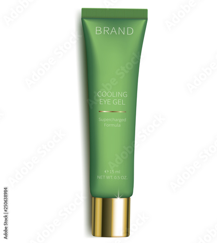 Cosmetic gel for eyes skin care, realistic vector. Light green plastic tube with revitalizing eye gel, isolated on white background. Brand design for luxury premium smart cosmetics, anti-age cream