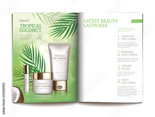Vector template for glossy cosmetic magazine. Magazine or catalog spread, page with natural cosmetics made from tropical coconut next to palm leaves and blank page for new skin care complex