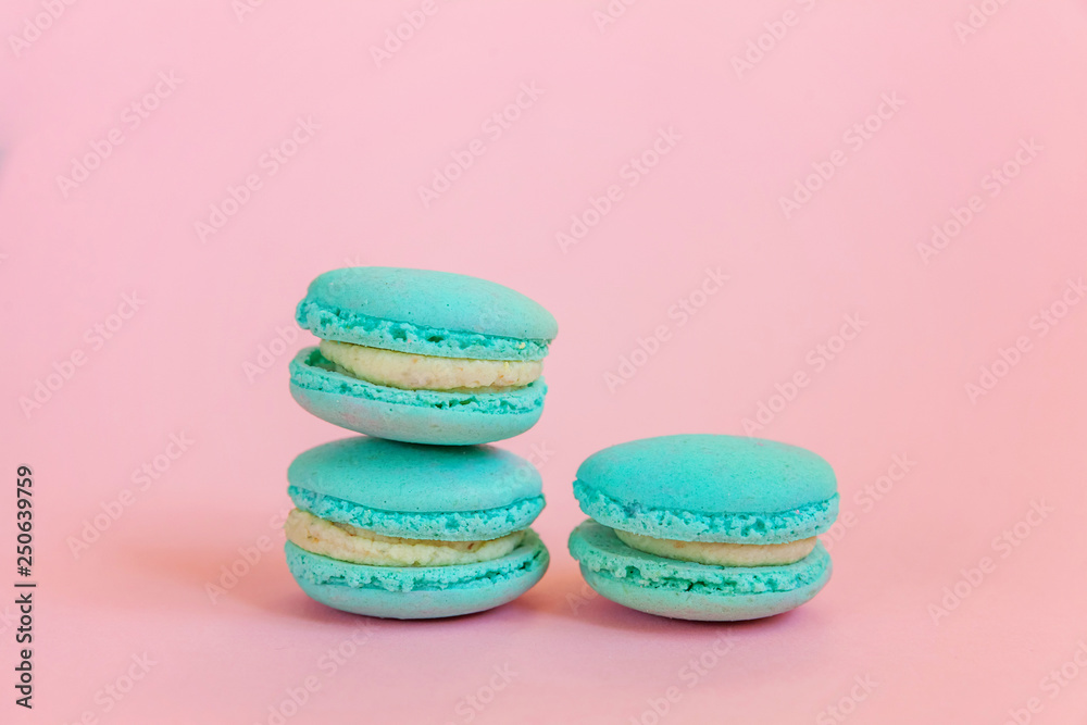 Fototapeta premium Sweet almond colorful unicorn blue macaron or macaroon dessert cake isolated on trendy pink pastel background. French sweet cookie. Minimal food bakery concept. Copy space