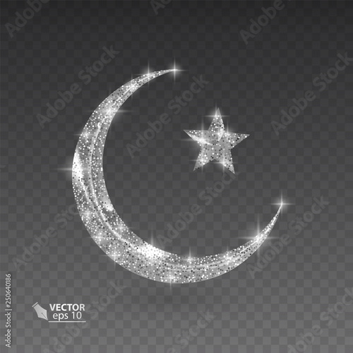 Silver muslim month with glittering texture on transparent background, vector illustration