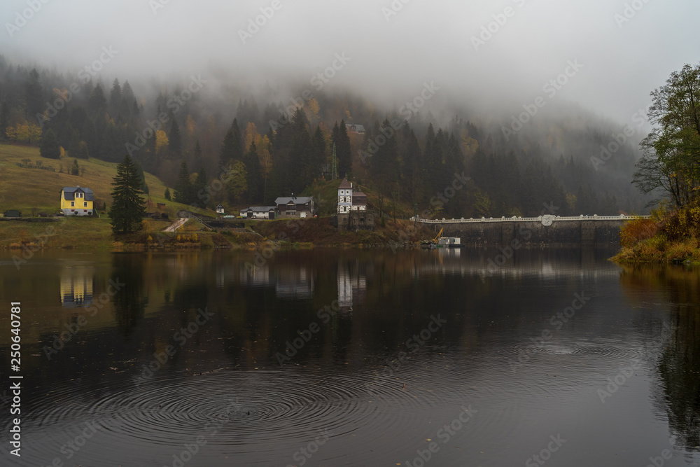 Fototapeta premium View of Elbe river and surrounding mountains - Giant Mountains (Krkonose). Small town of Spindleruv Mlyn and Labska village. Czech Republic.