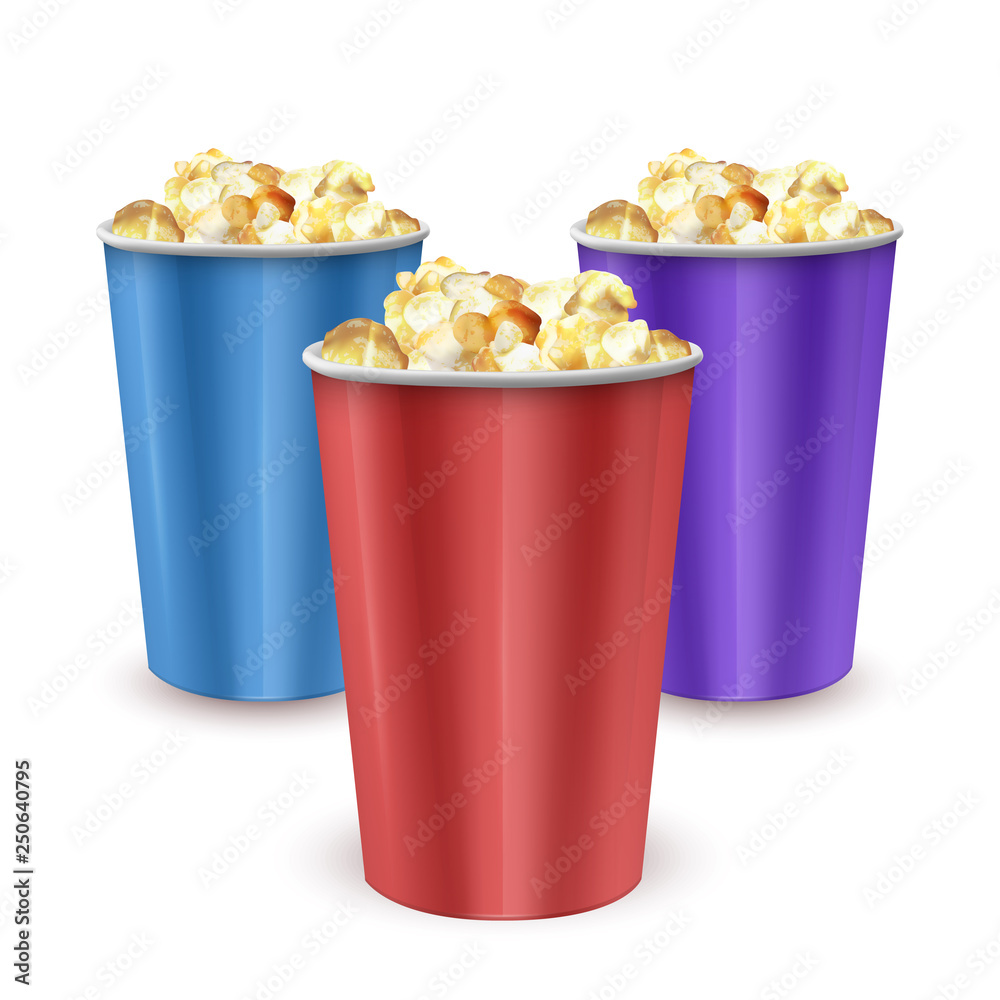 Set of carton bowls filled of popcorn, bag full of popcorn. Realistic vector illustration Set of carton bowls filled of popcorn, bag full of popcorn. Realistic vector illustration