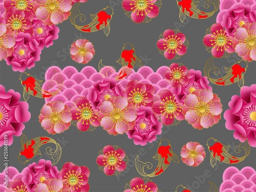 Cherry blossom and fish Japaneses concept in paper cut style- seamless pattern -vector