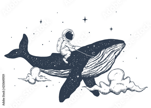 Astronaut and whale in the clouds Fototapeta