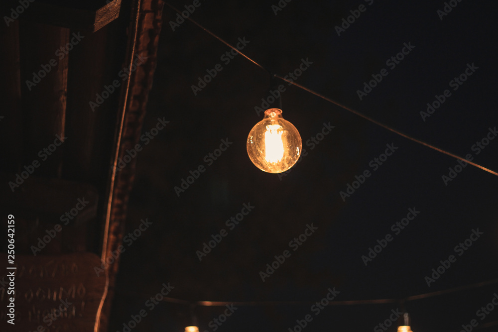 Decoration of the cafeteria. Edison incandescent lamps. Street decor Light lanterns Warm light at night. The web is in the middle of the light bulb. Macro shooting bulbs.