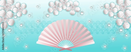 Japan concept poster  traditional wave pattern background with fish fan and sakura or cherry blossom. vector