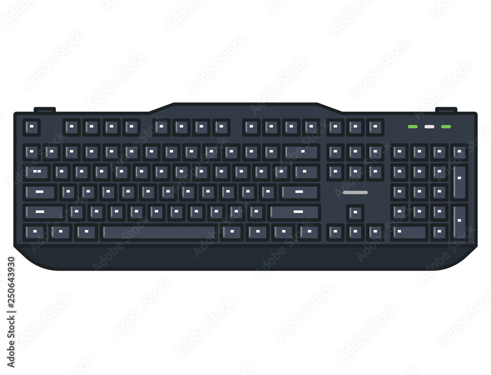 Computer keyboard. Full size mechanical keyboard with numpad and black keycaps. Line style outline vector. Black keyboard and white abstract letters. Modern style keypad. Computer keyboard. Full size mechanical keyboard with numpad and black keycaps. Line style outline vector. Black keyboard and white abstract letters. Modern style keypad.