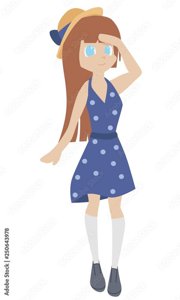 Young girl in nice sleeveless dress with polka dots and hat going to the beach isolated on a white background Young girl in nice sleeveless dress with polka dots and hat going to the beach isolated on a white background
