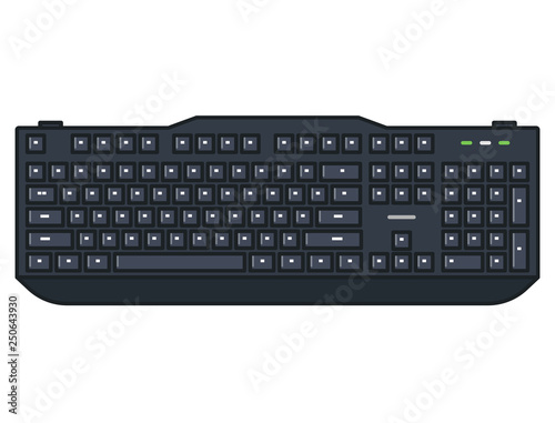 Computer keyboard. Full size mechanical keyboard with numpad and black keycaps. Line style outline vector. Black keyboard and white abstract letters. Modern style keypad. 