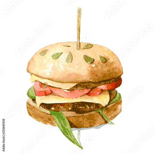 Delicious Burger with cheese, tomato and lettuce on a bun with pumpkin seeds. Watercolor illustration isolated on white background. Vector