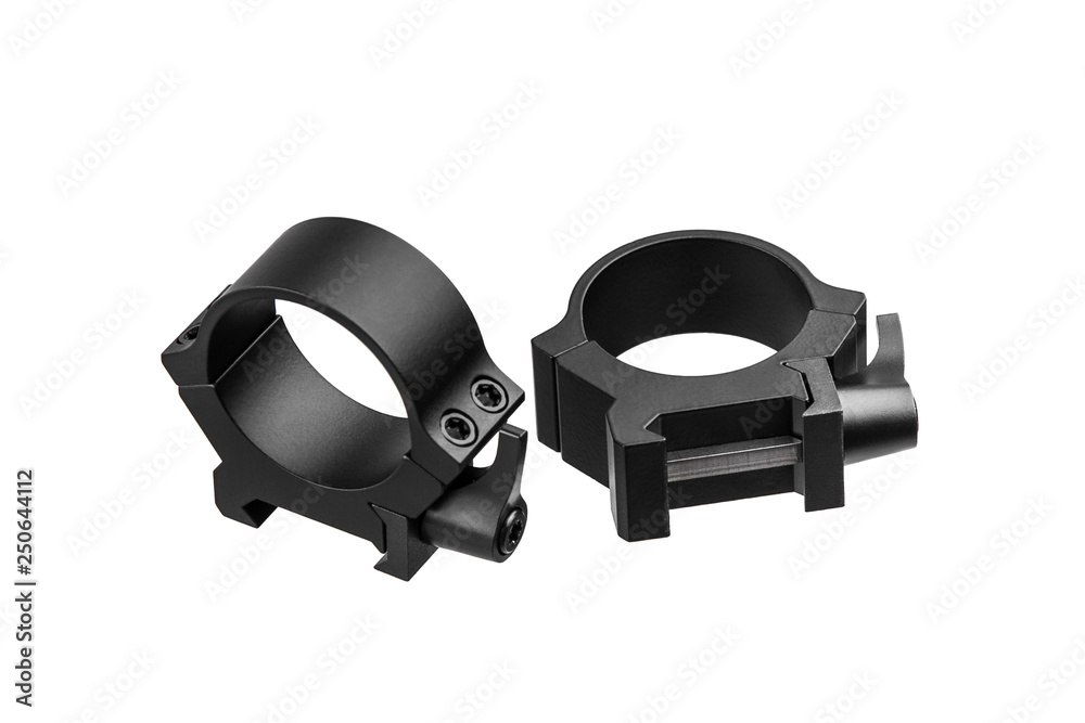 Obraz premium Quick disconnect mount made for holding a scope on a rifle isolated on white back. Quick Release Sniper Cantilever Scope Mount.