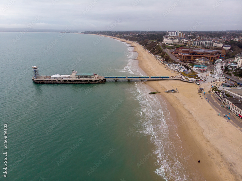 Aerial photo of the beautiful beach of Bournemouth showing the famous Bournemouth pier