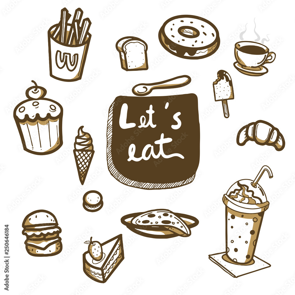 hand drawn doodle food set,desert and beverage,vector hand drawn doodle food set,desert and beverage,vector