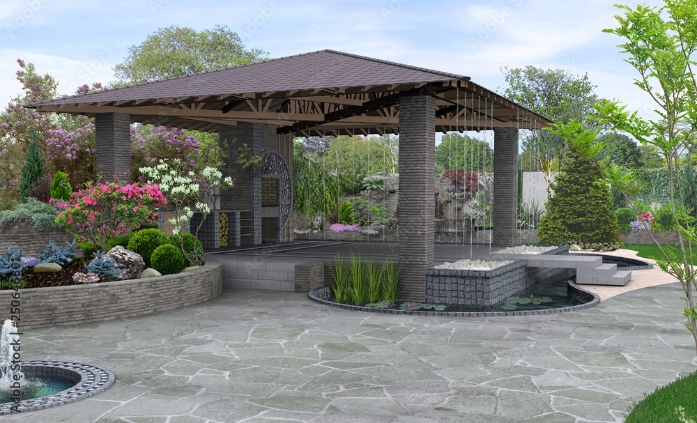Beautiful backyard makeovers and patio water fountain features, 3D render - obrazy, fototapety, plakaty 