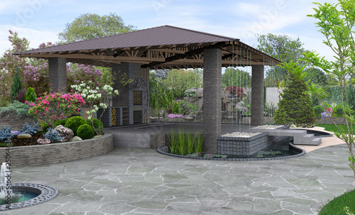 Photography Beautiful backyard makeovers and patio water fountain features, 3D render