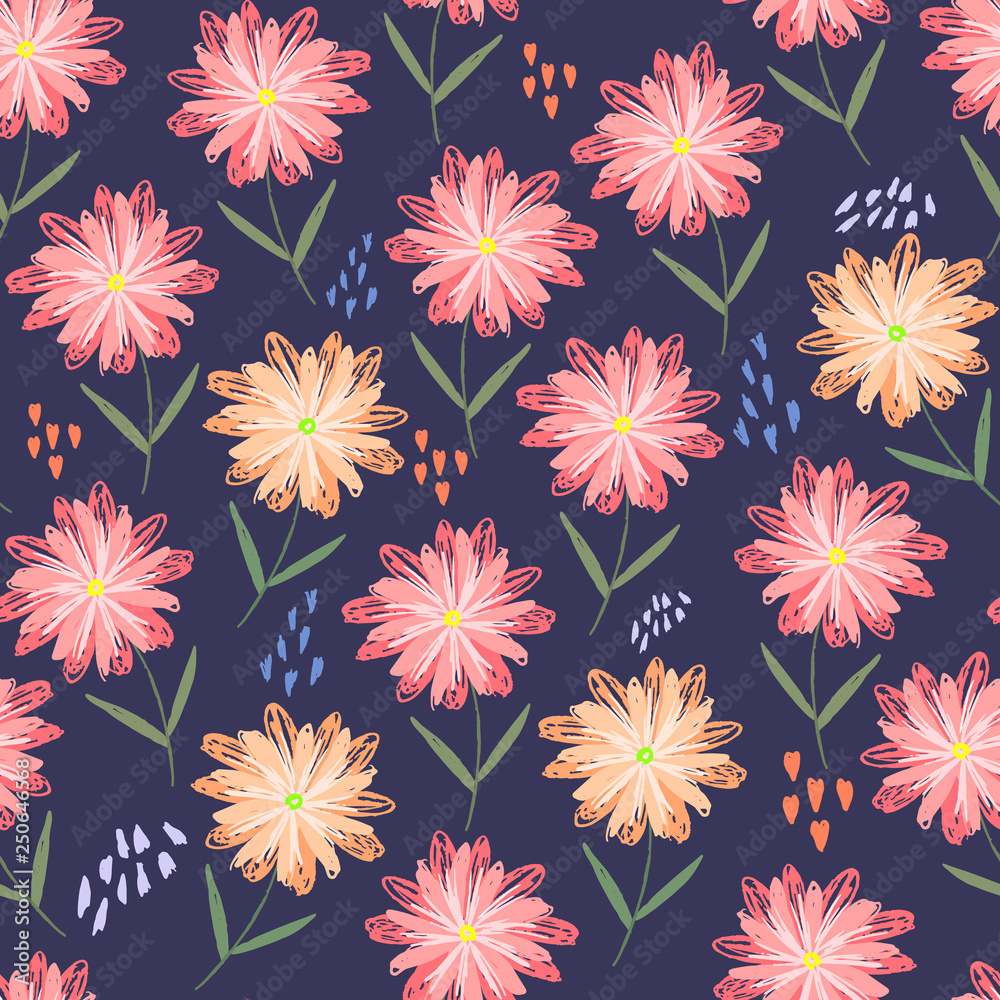 Childish sketchy floral seamless pattern with orange and pink flowers, hearts and dots. Cute scandinavian texture with gerbera on dark background for textile, wrapping paper, surface, wallpaper Childish sketchy floral seamless pattern with orange and pink flowers, hearts and dots. Cute scandinavian texture with gerbera on dark background for textile, wrapping paper, surface, wallpaper