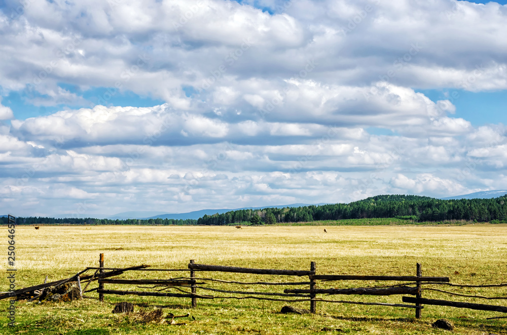 Fence in the green field under blue cloud sky. Beautiful landscape