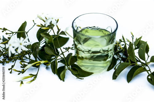 Close up of extract of Indian jasmine flower or juhi or Jasminum Auriculatum isolated on white in a transparent glass with raw flowers. photo