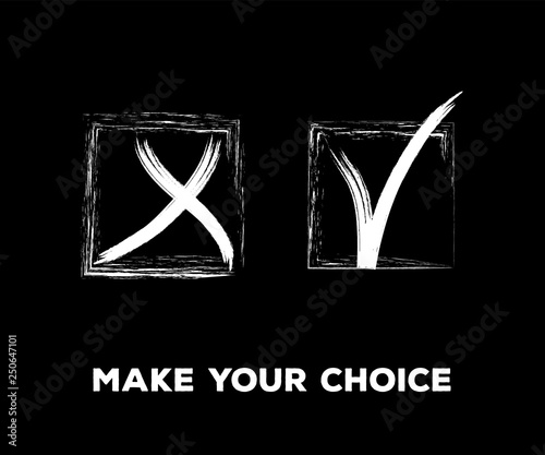 Yes and No Vector Set Square Frames, Isolated.  Hand Painted Election, Quizz, Voting, Test Symbols. Ink Brush Rejection and Approval, Query Choice Icons. Yes and No Tick and Cross Symbolic Marks.