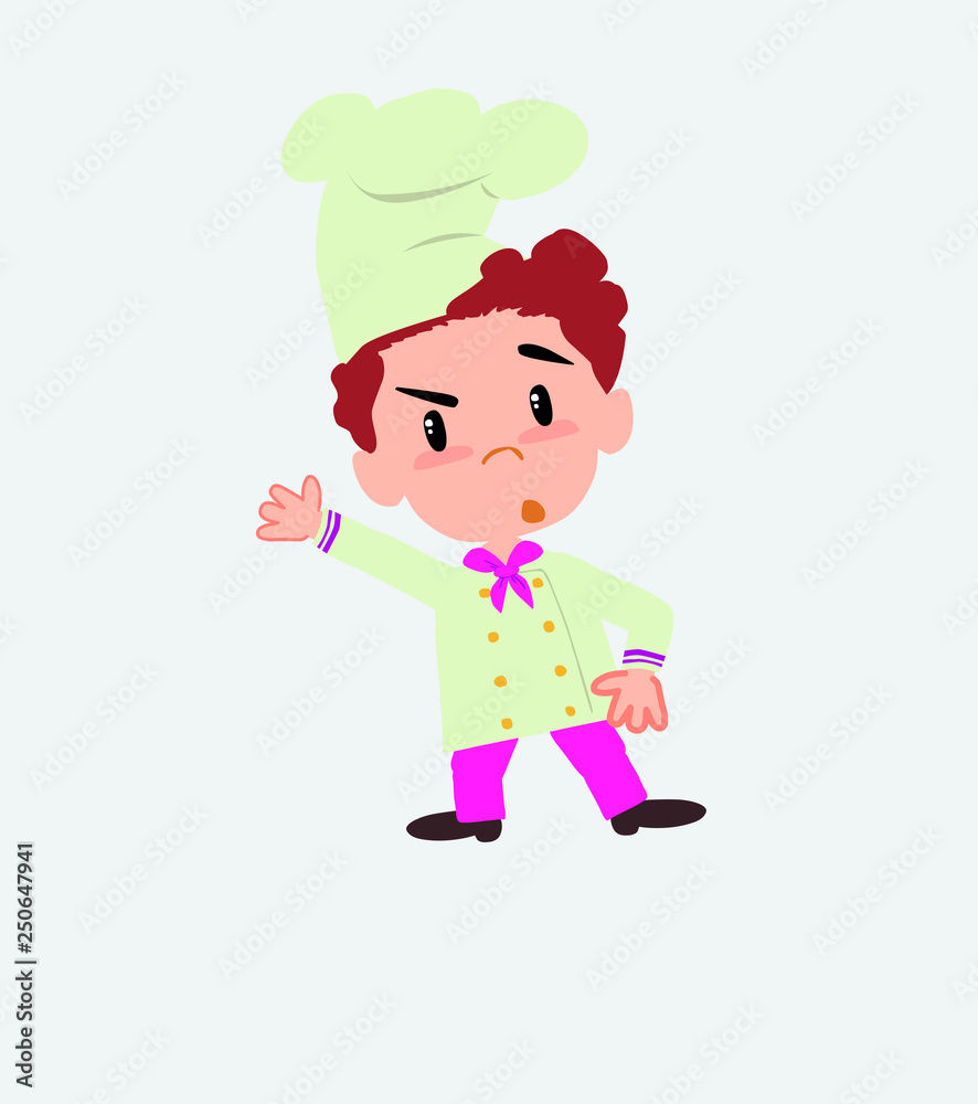 Chef something angry shows something to his right. Chef something angry shows something to his right.