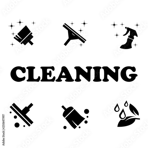 Cleaning services logo, icon set. Black. Vector illustration.