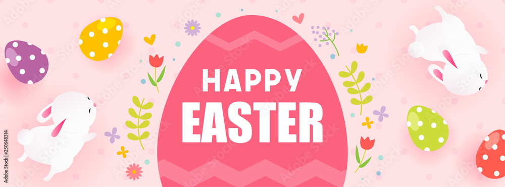 Happy Easter Banner vector illustration. Easter egg frame with cute bunny on pink polka dot pattern background. Happy Easter Banner vector illustration. Easter egg frame with cute bunny on pink polka dot pattern background.