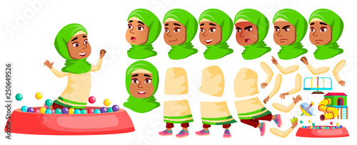 Arab, Muslim Girl Kindergarten Kid Vector. Animation Creation Set. Face Emotions, Gestures. Preschool, Childhood. Friend. For Banner, Flyer, Brochure Design. Animated. Isolated Cartoon Illustration