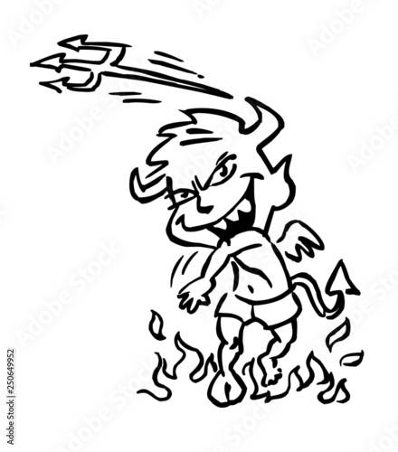 Devil kid throwing forks and flames in the background, black and white drawing
