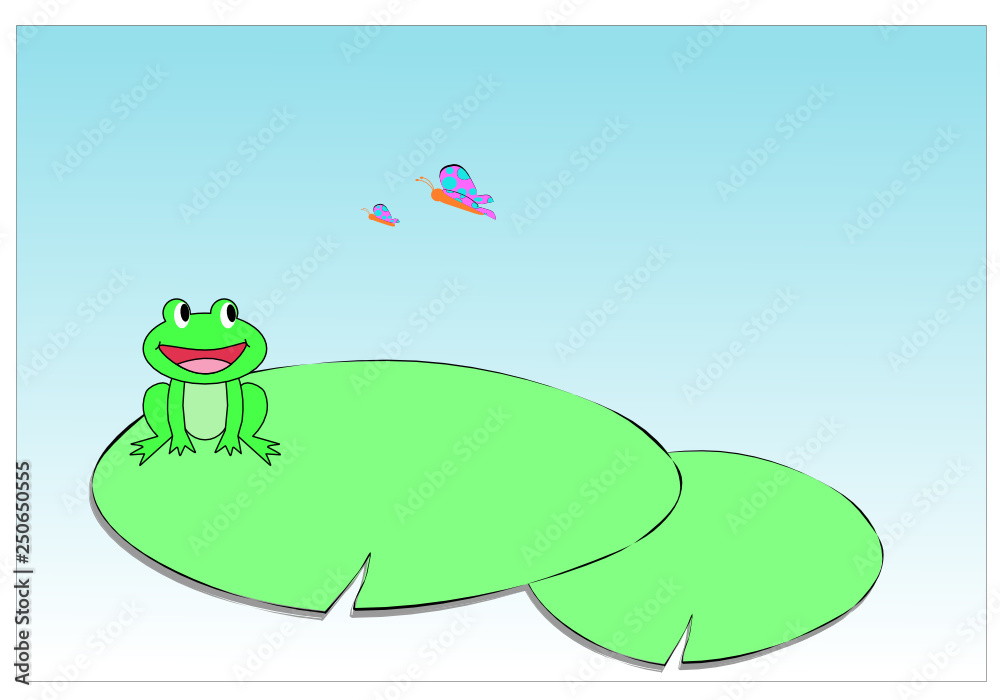 cute little frog on the lotus leaf in the swamp is looking at the mother butterfly and the baby that is flying through,cartoon vector art and illustration cute little frog on the lotus leaf in the swamp is looking at the mother butterfly and the baby that is flying through,cartoon vector art and illustration