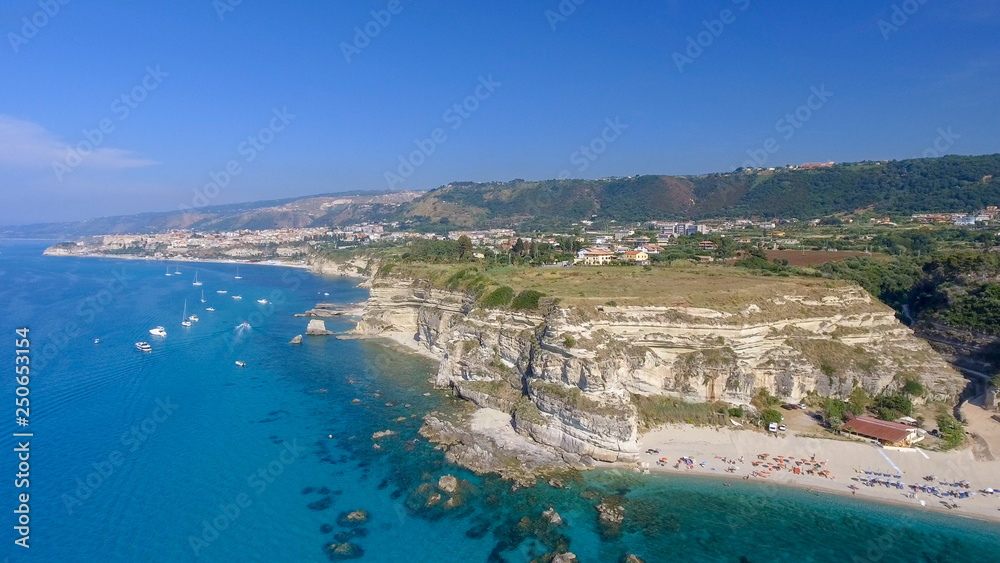 Road, coastline and houses of Calabria, beautiful aerial view in summer season