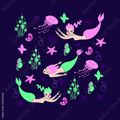 Mermaid girl vector illutration.Cute cartoon card whit little mermaid. Under the sea. Seahorse and starfish pastel color. Seaweed and pearl in the shell catoon style