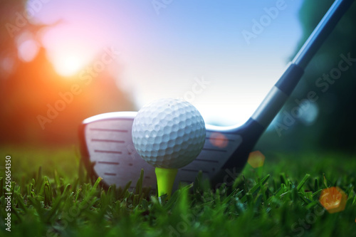 golf club and golf ball close up in grass field with sunset. Golf ball close up in golf coures at Thailand