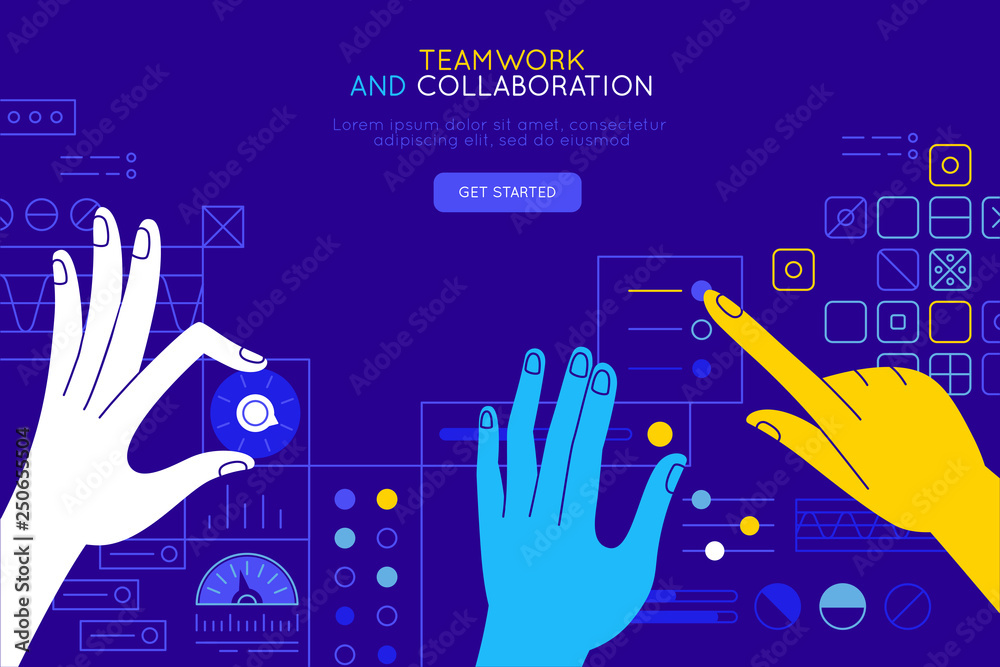 Vector illustration in simple flat style with hands and abstract user interface - teamwork and collaboration concept - tuning and developing app for business - obrazy, fototapety, plakaty 