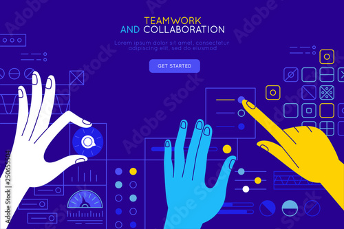 Vector illustration in simple flat style with hands and abstract user interface - teamwork and collaboration concept - tuning and developing app for business