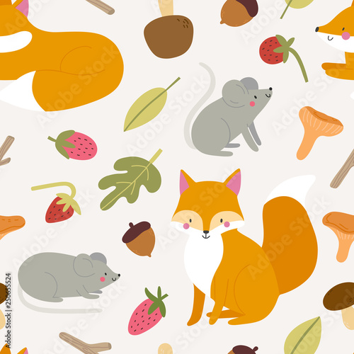Super cute pattern with Foxes and Mice. Forest animals texture - Mouse  Fox  Mushroom  Leaves  Acorn and Wild Strawberry. 