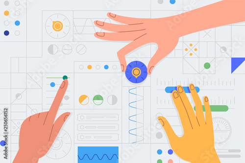 Vector illustration in simple flat style with hands and abstract user interface - teamwork and collaboration concept - tuning and developing app for business