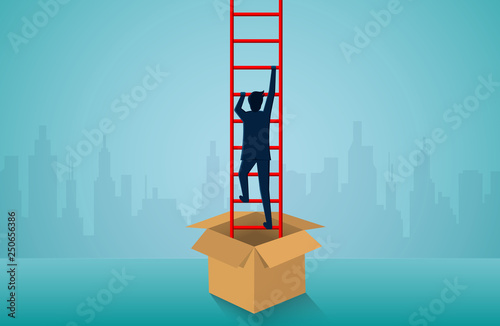 think outside the box. Businessmen walking up on the red stairs to the success goal. startup business concept. creative. illustration cartoon vector
