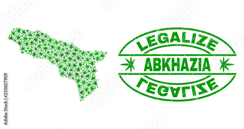 Vector cannabis Abkhazia map collage and grunge textured Legalize stamp seal. Concept with green weed leaves. Concept for cannabis legalize campaign. Vector Abkhazia map is created with weed leaves.