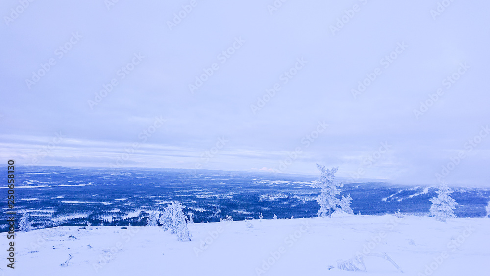 Early morning sunrise in Idre, Sweden with a view from the top of the ski slope and down over the valley with snow covered trees below and mountains in the background. Early morning sunrise in Idre, Sweden with a view from the top of the ski slope and down over the valley with snow covered trees below and mountains in the background.