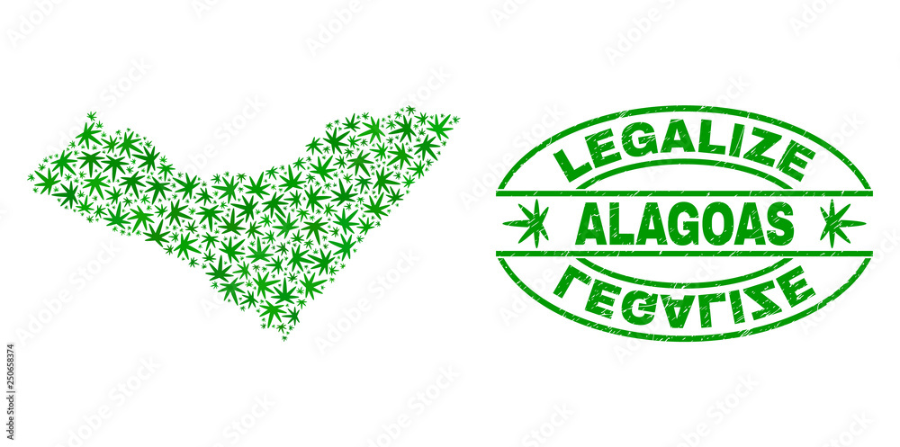 Vector cannabis Alagoas State map mosaic and grunge textured Legalize stamp seal. Concept with green weed leaves. Template for cannabis legalize campaign.