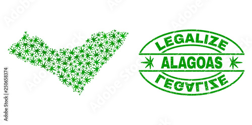Vector cannabis Alagoas State map mosaic and grunge textured Legalize stamp seal. Concept with green weed leaves. Template for cannabis legalize campaign.