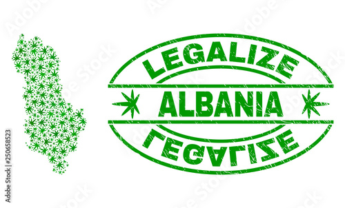 Vector cannabis Albania map mosaic and grunge textured Legalize stamp seal. Concept with green weed leaves. Concept for cannabis legalize campaign. Vector Albania map is created with cannabis leaves.