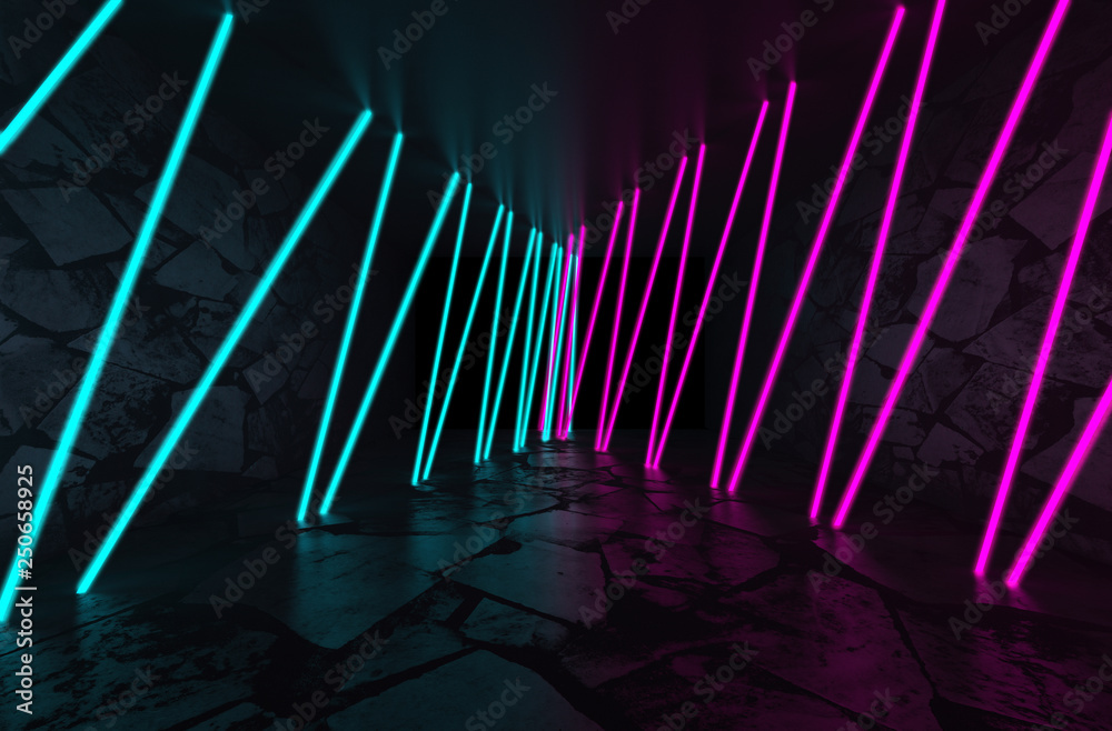 Background of empty room with concrete pavement. Spotlight light, multicolored neon light, reflection on tile. Laser lines, figures, smoke, smog Background of empty room with concrete pavement. Spotlight light, multicolored neon light, reflection on tile. Laser lines, figures, smoke, smog