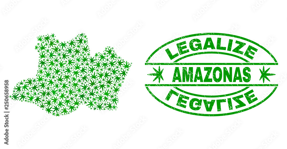 Vector cannabis Amazonas State map collage and grunge textured Legalize stamp seal. Concept with green weed leaves. Concept for cannabis legalize campaign.