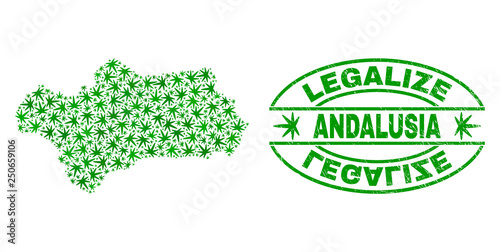 Vector cannabis Andalusia Province map collage and grunge textured Legalize stamp seal. Concept with green weed leaves. Concept for cannabis legalize campaign.