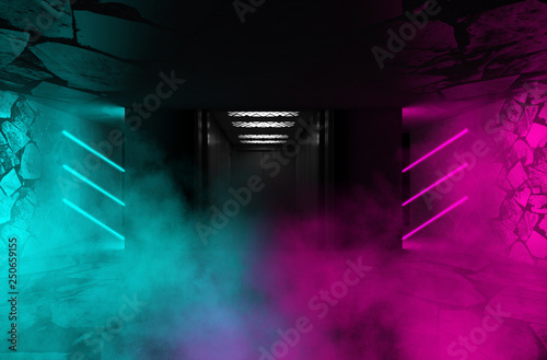 Background of empty room with concrete walls, tile. Open the elevator doors. Neon light, spotlight, laser shapes, smoke
